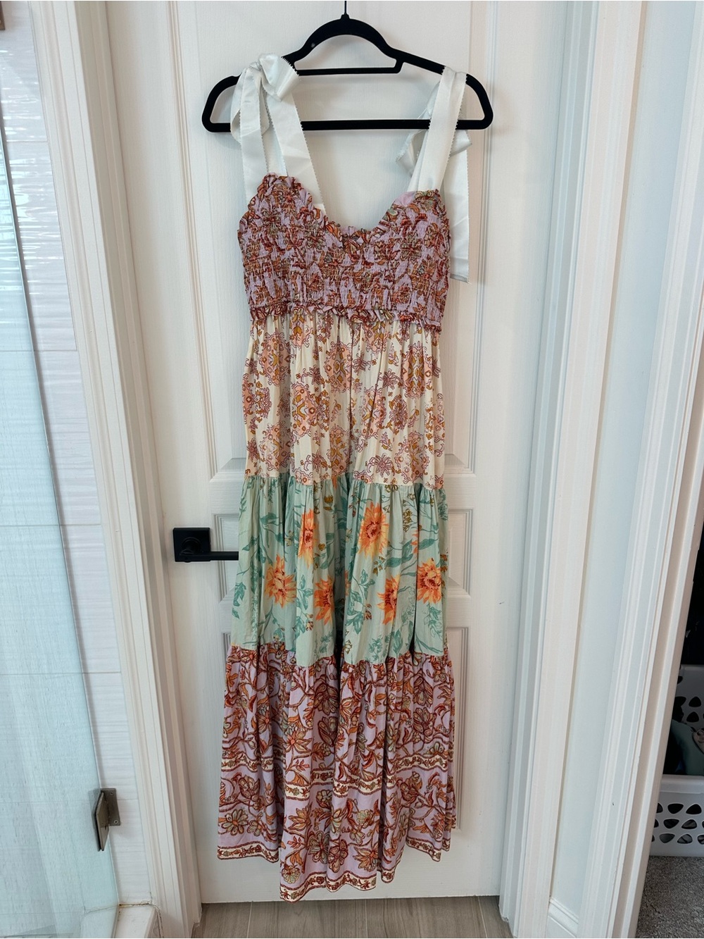Free People Multi-Color Floral Tiered Maxi Dress with White Ribbon Straps